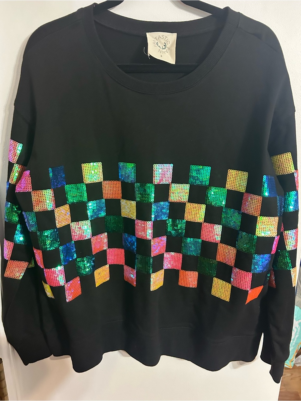 Fantastic Fawn Black Sweatshirt with Multicolor Sequin Checkerboard